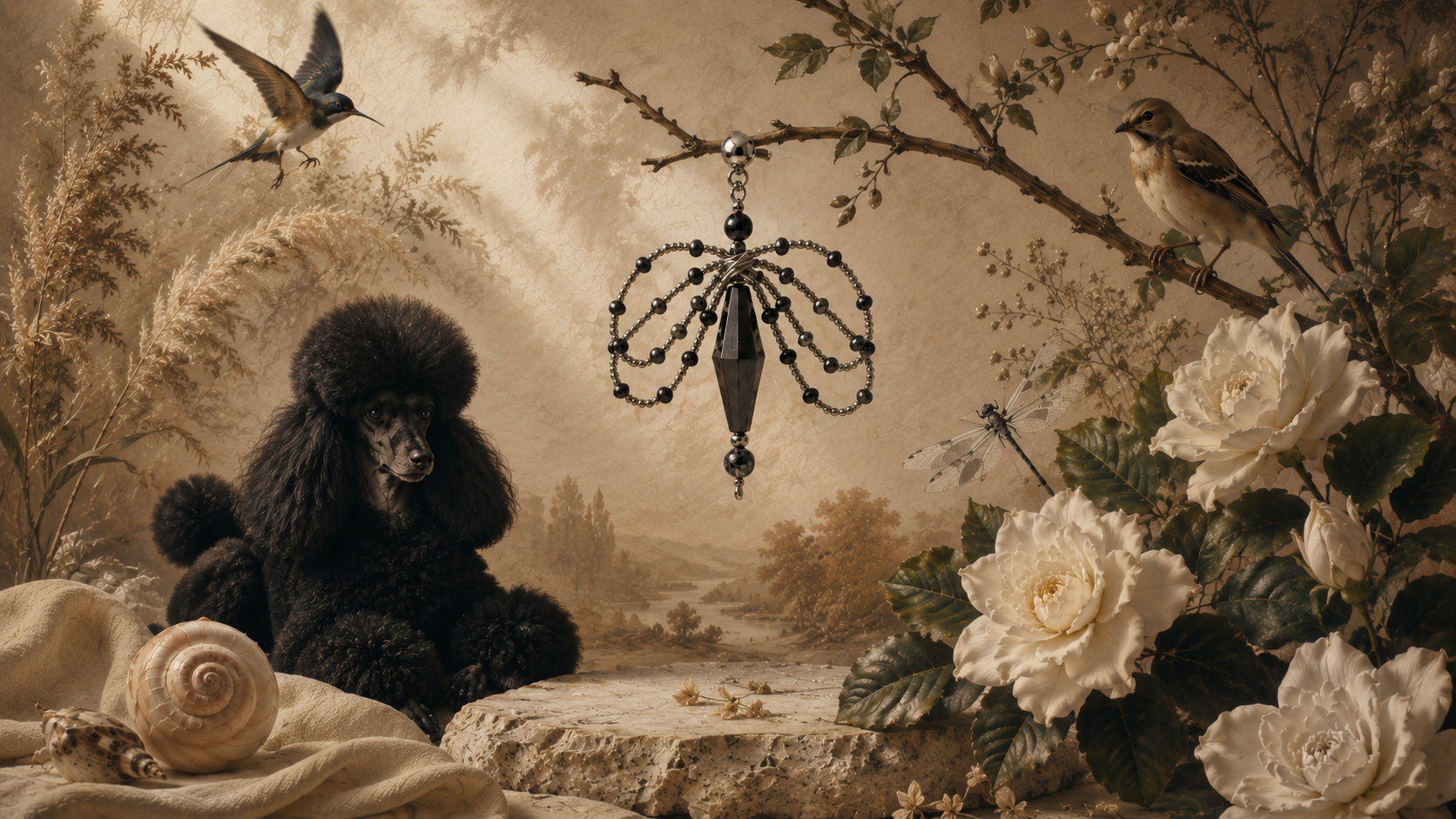 Gardenia garden editorial scene with beaded earring, poodle and white roses
